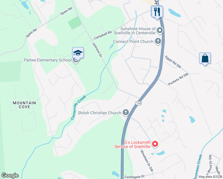 map of restaurants, bars, coffee shops, grocery stores, and more near 3801 Johnson Drive in Snellville