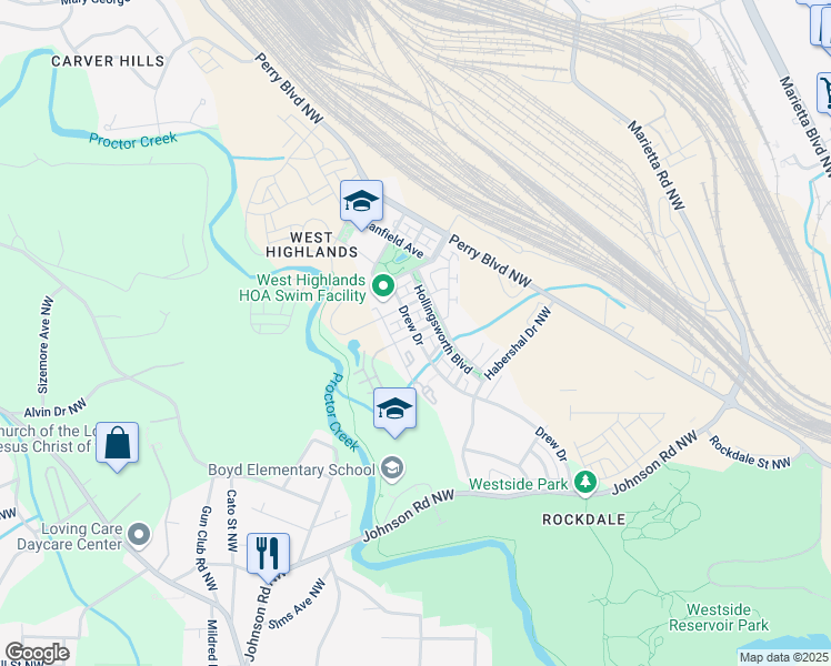 map of restaurants, bars, coffee shops, grocery stores, and more near 1783 Drew Drive in Atlanta