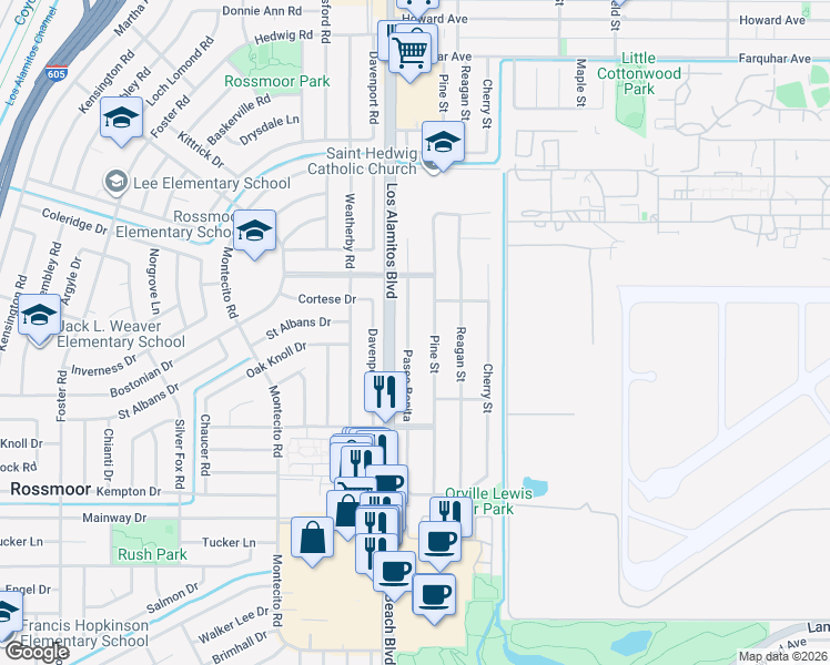 map of restaurants, bars, coffee shops, grocery stores, and more near 11862 Paseo Bonita in Los Alamitos
