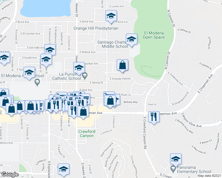 map of restaurants, bars, coffee shops, grocery stores, and more near 11762 South Rancho Santiago Boulevard in Orange