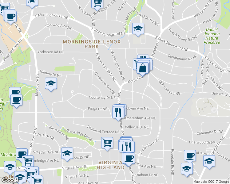 map of restaurants, bars, coffee shops, grocery stores, and more near 1309 Northview Avenue Northeast in Atlanta