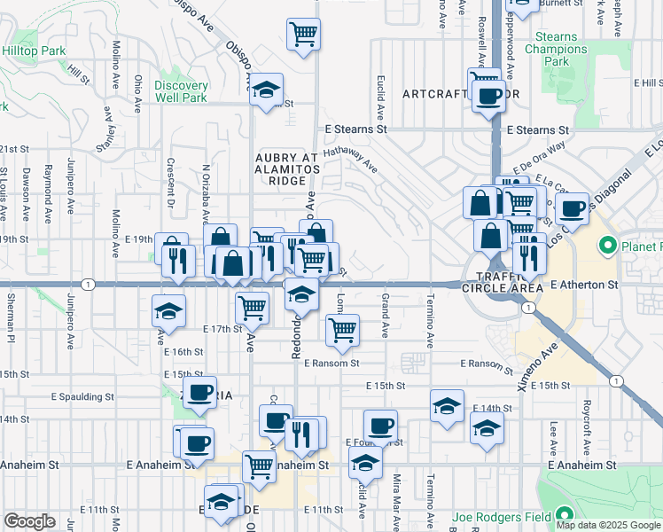 map of restaurants, bars, coffee shops, grocery stores, and more near 1833 Reservoir Drive West in Signal Hill