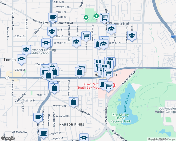map of restaurants, bars, coffee shops, grocery stores, and more near 25710 Belle Porte Avenue in Los Angeles