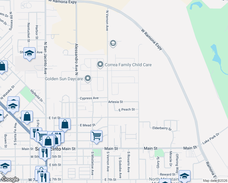 map of restaurants, bars, coffee shops, grocery stores, and more near 197 North Vernon Avenue in San Jacinto