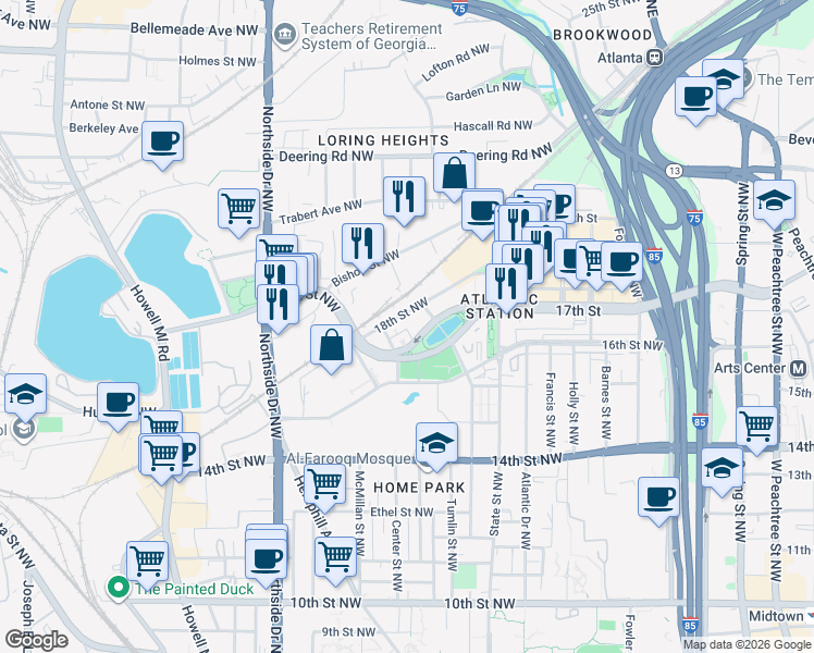 map of restaurants, bars, coffee shops, grocery stores, and more near in Atlanta