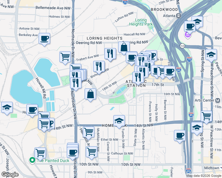 map of restaurants, bars, coffee shops, grocery stores, and more near 401 17th Street Northwest in Atlanta