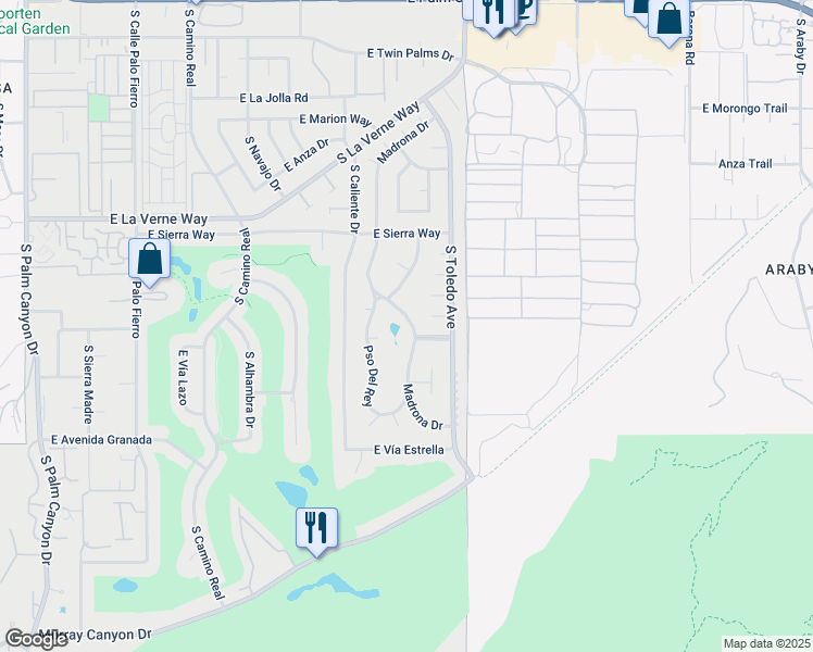 map of restaurants, bars, coffee shops, grocery stores, and more near 2295 Madrona Drive in Palm Springs