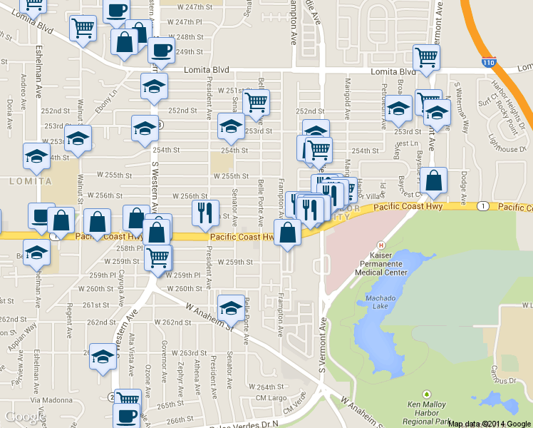 map of restaurants, bars, coffee shops, grocery stores, and more near 25710 Belle Porte Avenue in Los Angeles