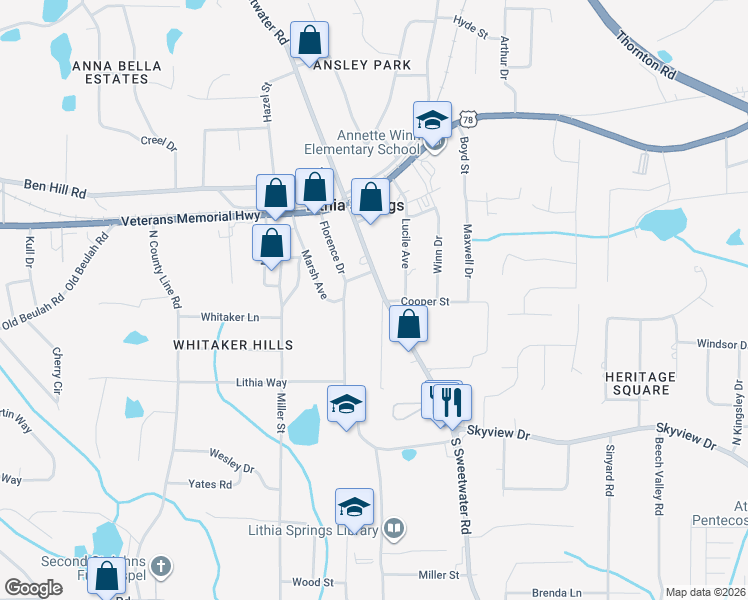 map of restaurants, bars, coffee shops, grocery stores, and more near 6745 Mark Turner Road in Lithia Springs