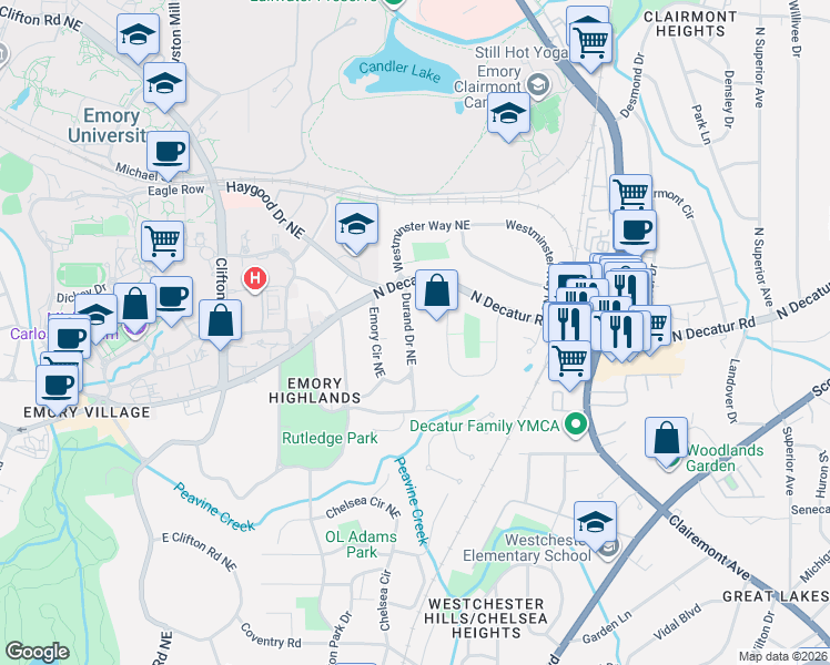 map of restaurants, bars, coffee shops, grocery stores, and more near 503 Durand Drive Northeast in Atlanta
