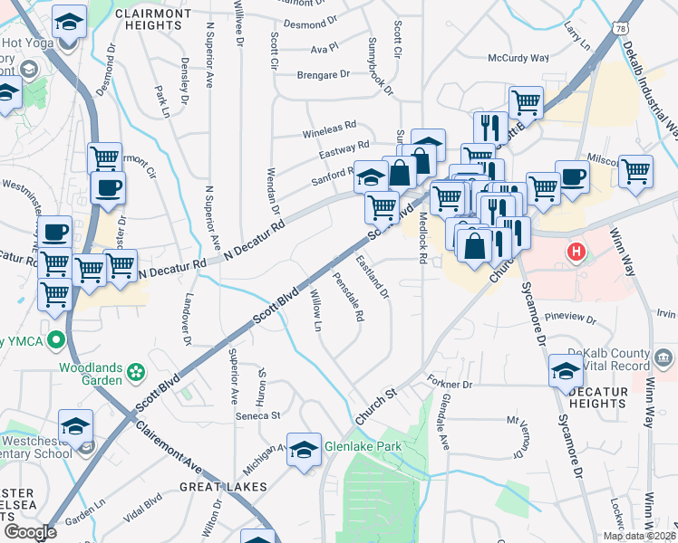 map of restaurants, bars, coffee shops, grocery stores, and more near 1377 Scott Boulevard in Decatur