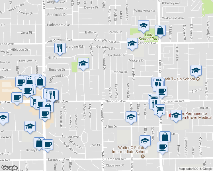 map of restaurants, bars, coffee shops, grocery stores, and more near 11852 Palmwood Drive in Garden Grove