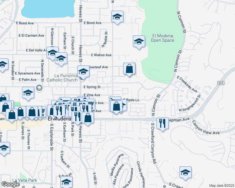 map of restaurants, bars, coffee shops, grocery stores, and more near 11762 South Rancho Santiago Boulevard in Orange