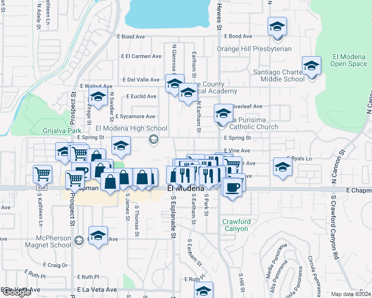 map of restaurants, bars, coffee shops, grocery stores, and more near 18561 East Vine Avenue in Orange