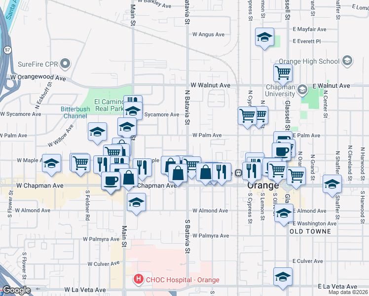 map of restaurants, bars, coffee shops, grocery stores, and more near 935 West Acacia Avenue in Orange