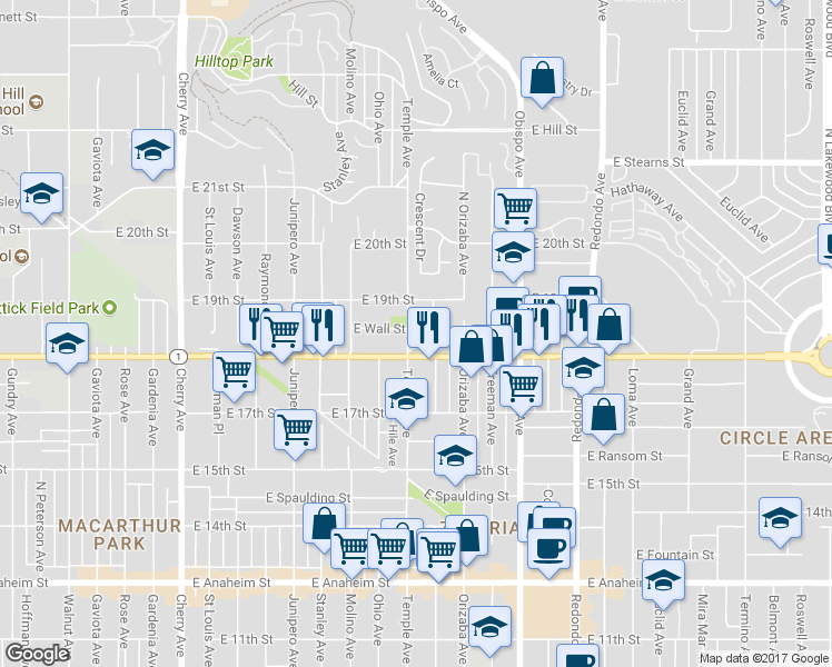 map of restaurants, bars, coffee shops, grocery stores, and more near 2901 Pacific Coast Highway in Signal Hill