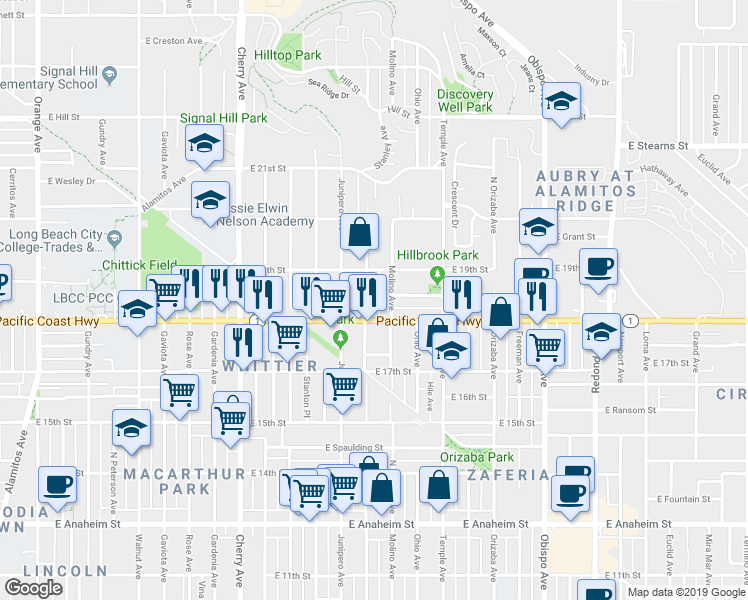 map of restaurants, bars, coffee shops, grocery stores, and more near 1835 Stanley Avenue in Signal Hill