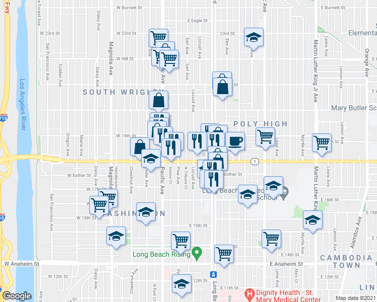 map of restaurants, bars, coffee shops, grocery stores, and more near 1832 Locust Avenue in Long Beach