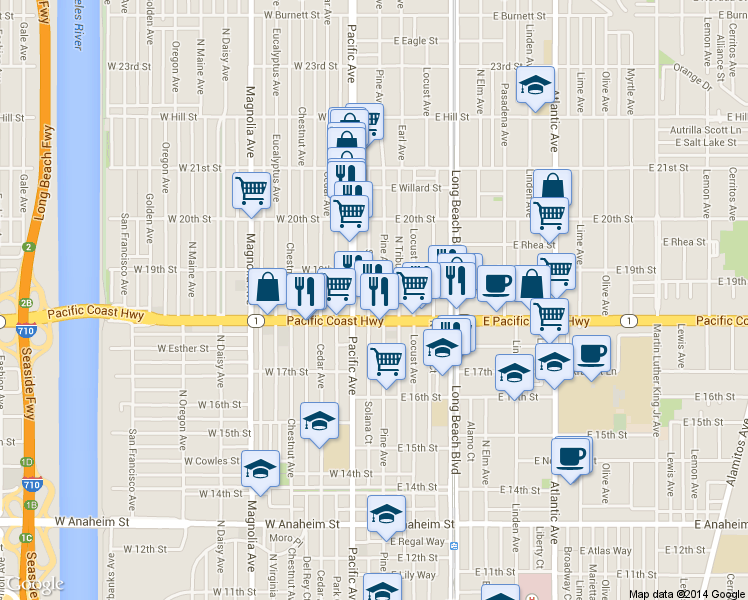 map of restaurants, bars, coffee shops, grocery stores, and more near 1823 Pine Avenue in Long Beach