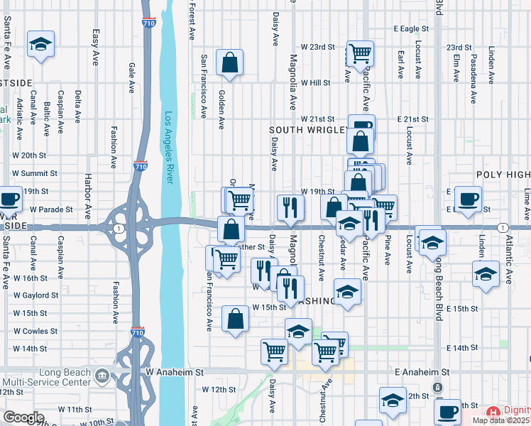 map of restaurants, bars, coffee shops, grocery stores, and more near 1835 Daisy Avenue in Long Beach