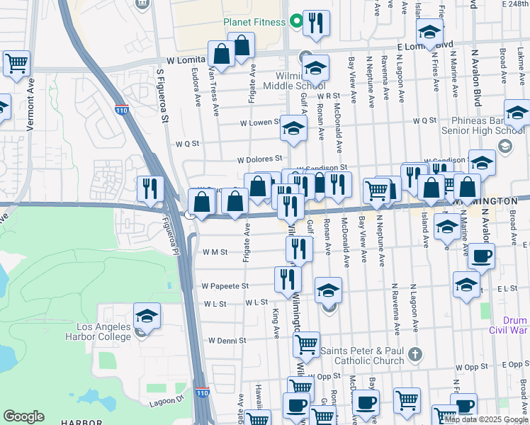 map of restaurants, bars, coffee shops, grocery stores, and more near 1114 West Pacific Coast Highway in Los Angeles