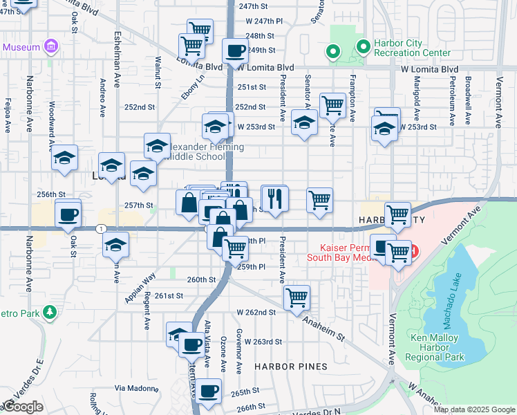 map of restaurants, bars, coffee shops, grocery stores, and more near 1664 257th Street in Los Angeles