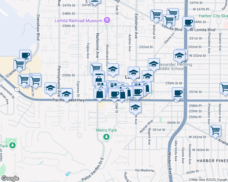 map of restaurants, bars, coffee shops, grocery stores, and more near 25620 Oak Street in Lomita