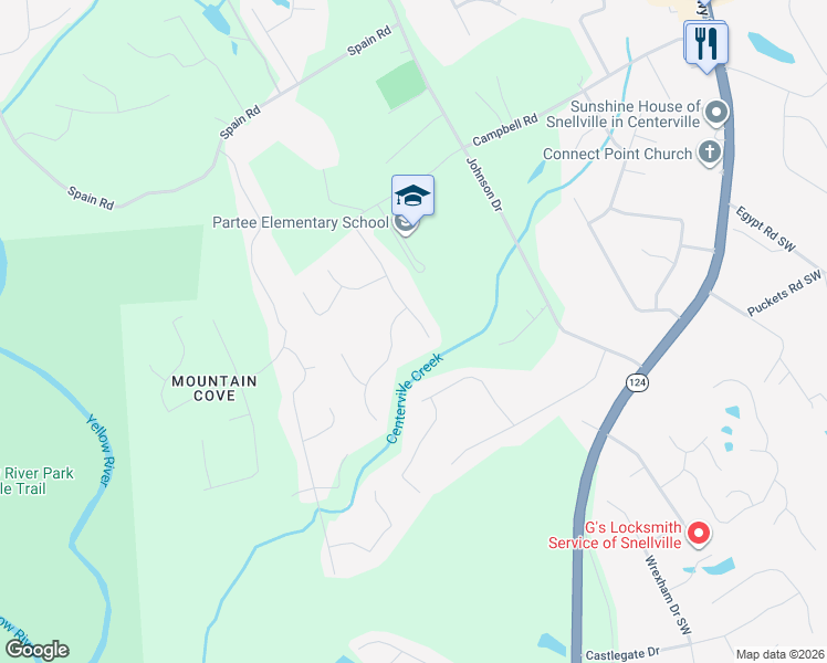 map of restaurants, bars, coffee shops, grocery stores, and more near 3735 Scotland Lane Southwest in Snellville