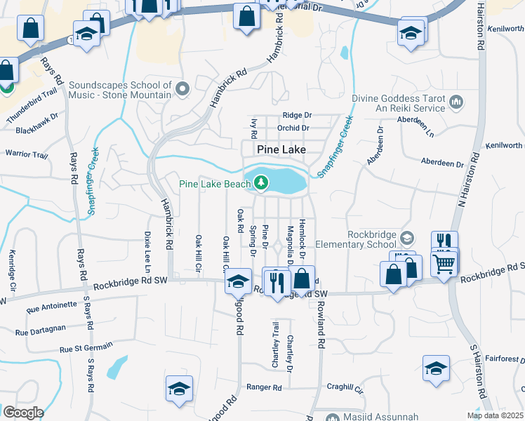 map of restaurants, bars, coffee shops, grocery stores, and more near 520 Pine Drive in Pine Lake