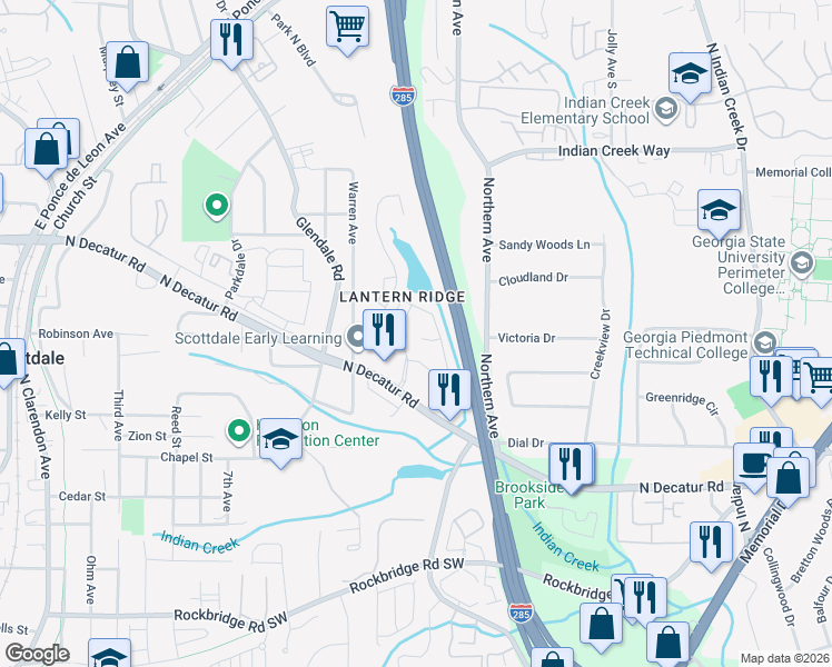 map of restaurants, bars, coffee shops, grocery stores, and more near 3680 Lantern Walk Lane in Scottdale