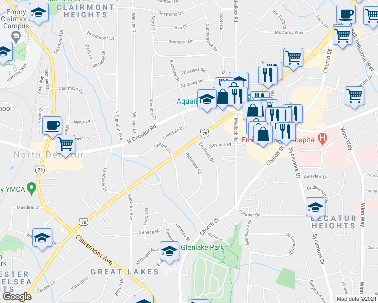 map of restaurants, bars, coffee shops, grocery stores, and more near 1377 Scott Boulevard in Decatur