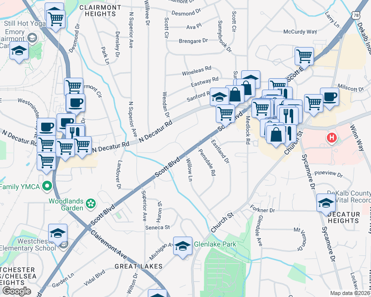 map of restaurants, bars, coffee shops, grocery stores, and more near 1348 Scott Boulevard in Decatur