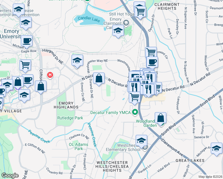 map of restaurants, bars, coffee shops, grocery stores, and more near 393 Princeton Way Northeast in Atlanta