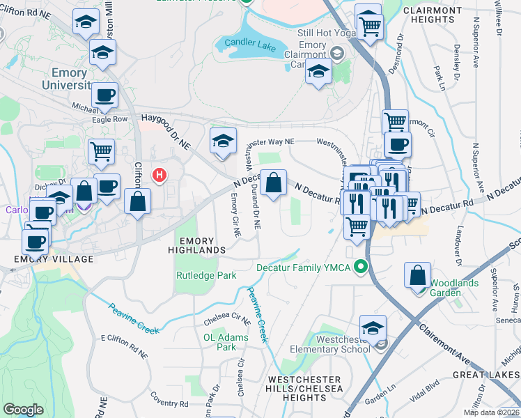 map of restaurants, bars, coffee shops, grocery stores, and more near 503 Durand Drive Northeast in Atlanta