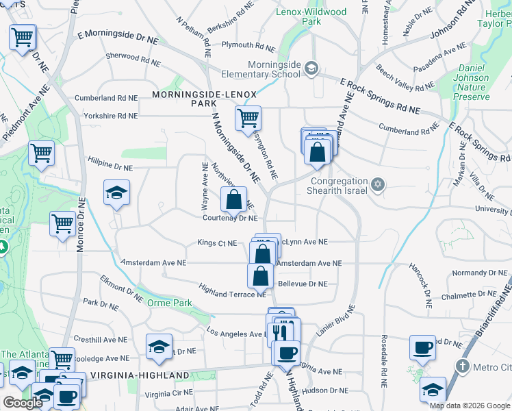 map of restaurants, bars, coffee shops, grocery stores, and more near 1309 Northview Avenue Northeast in Atlanta