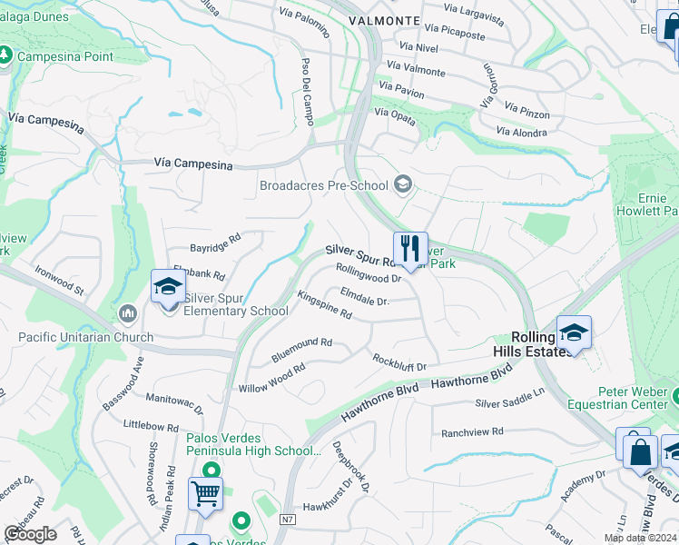 map of restaurants, bars, coffee shops, grocery stores, and more near 22 Rollingwood Drive in Rolling Hills Estates