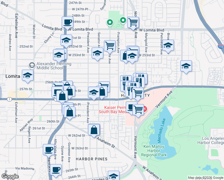 map of restaurants, bars, coffee shops, grocery stores, and more near 25710 Belle Porte Avenue in Los Angeles