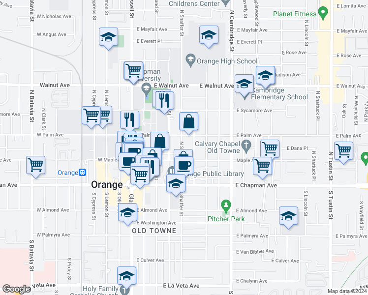 map of restaurants, bars, coffee shops, grocery stores, and more near 251 North Shaffer Street in Orange