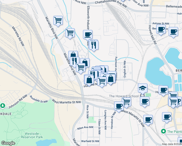 map of restaurants, bars, coffee shops, grocery stores, and more near 1207 Chelsea Circle Northwest in Atlanta