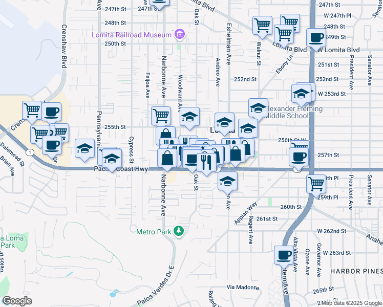 map of restaurants, bars, coffee shops, grocery stores, and more near 25620 Oak Street in Lomita