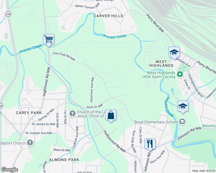 map of restaurants, bars, coffee shops, grocery stores, and more near 1329 Gun Club Road Northwest in Atlanta