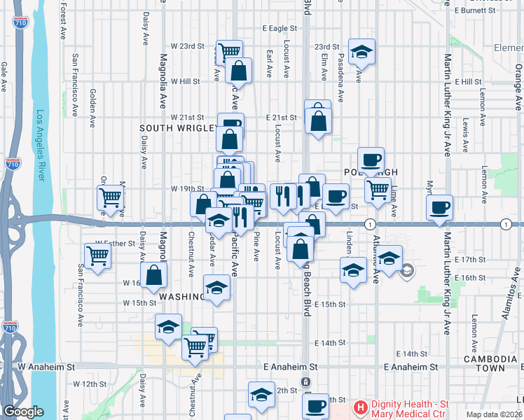 map of restaurants, bars, coffee shops, grocery stores, and more near 1834 Pine Avenue in Long Beach