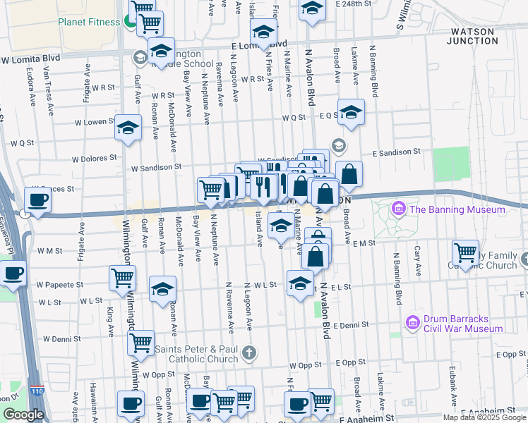 map of restaurants, bars, coffee shops, grocery stores, and more near 1349 North Fries Avenue in Los Angeles