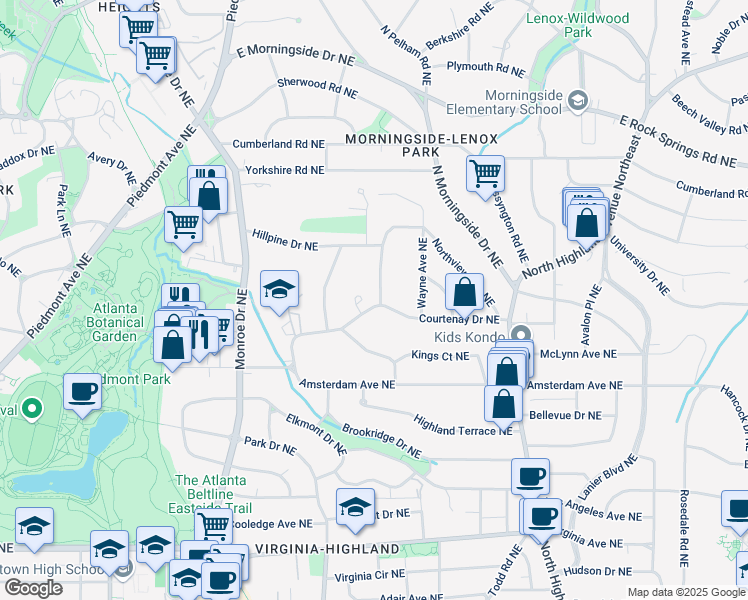 map of restaurants, bars, coffee shops, grocery stores, and more near 782 Courtenay Drive Northeast in Atlanta