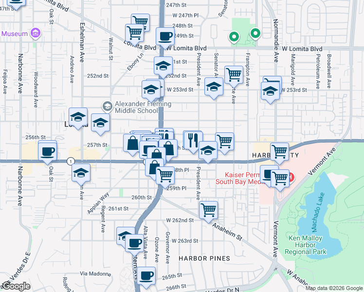map of restaurants, bars, coffee shops, grocery stores, and more near 1637 257th Street in Los Angeles