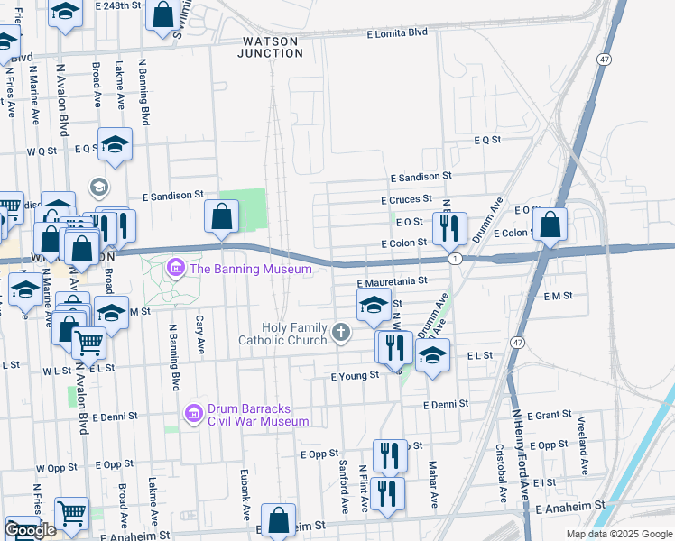 map of restaurants, bars, coffee shops, grocery stores, and more near 1002 East Pacific Coast Highway in Los Angeles