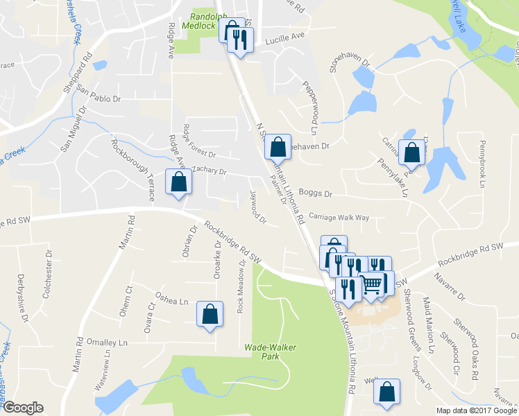 map of restaurants, bars, coffee shops, grocery stores, and more near 496 Jaywood Drive in Stone Mountain