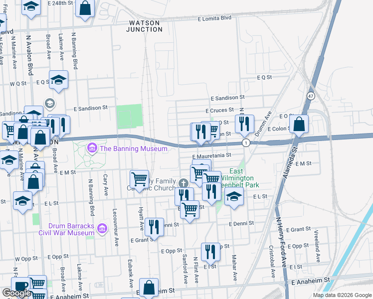 map of restaurants, bars, coffee shops, grocery stores, and more near 1002 East Pacific Coast Highway in Los Angeles