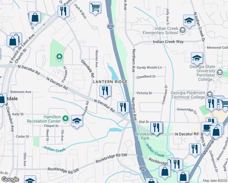 map of restaurants, bars, coffee shops, grocery stores, and more near 3680 Lantern Walk Lane in Scottdale