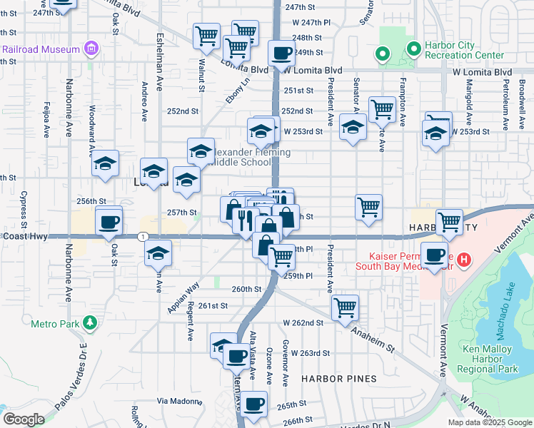 map of restaurants, bars, coffee shops, grocery stores, and more near 1715 257th Street in Lomita